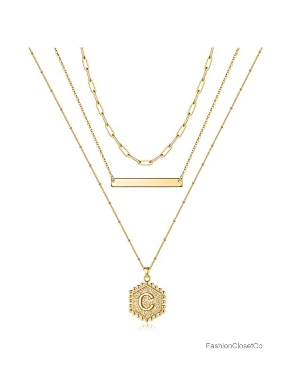 Layered Initial Necklaces 14K Gold Plated Hexagon Pendant Set